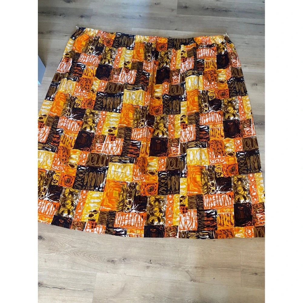 Vintage 60s Abstract Geometric Barkcloth Curtain Panel Orange Yellow Brown MCM